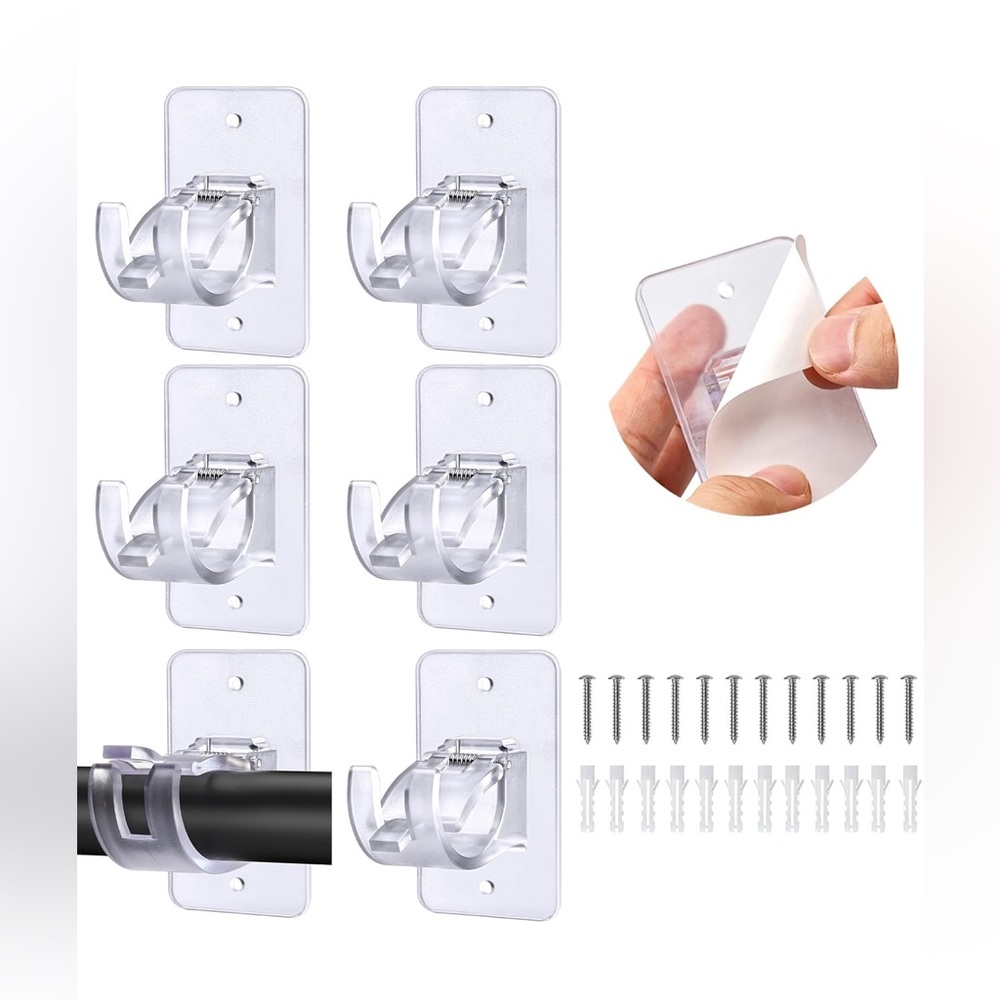 6 Pack No Drill Curtain Rod Brackets, Self Adhesive Curtain Rod Holder Hooks